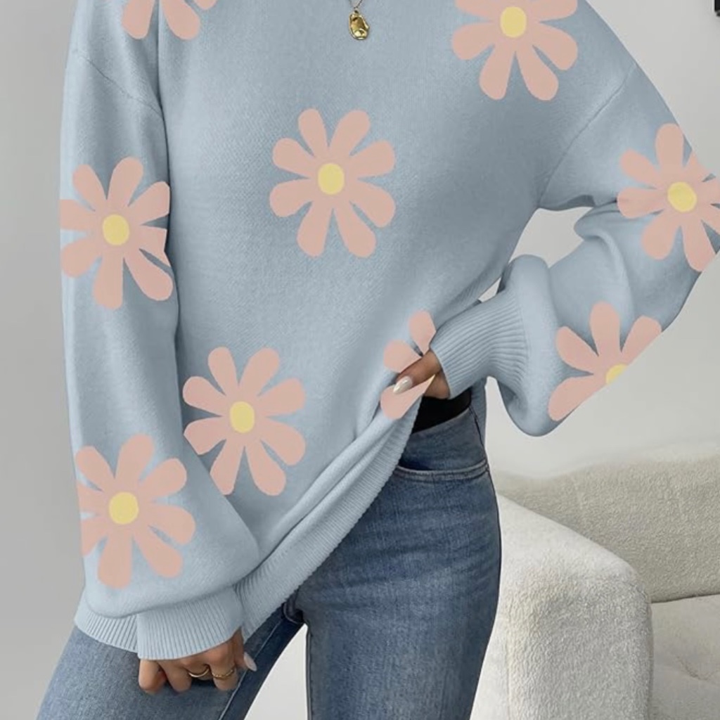 New Women’s Oversized Sweater Pullover Retro Lantern Knit Blue Pink Flower Xl — image 2 of 5
